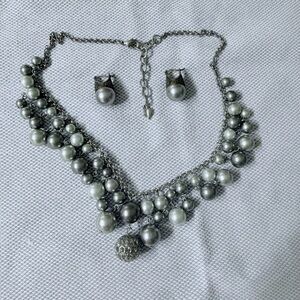 Silver Pearl Cluster Necklace and Stud Earrings Set
